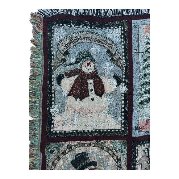 Snowman Winter Tapestry Throw Blanket 58" X 41" Woven Fringed Edges Christmas De - Picture 4 of 11